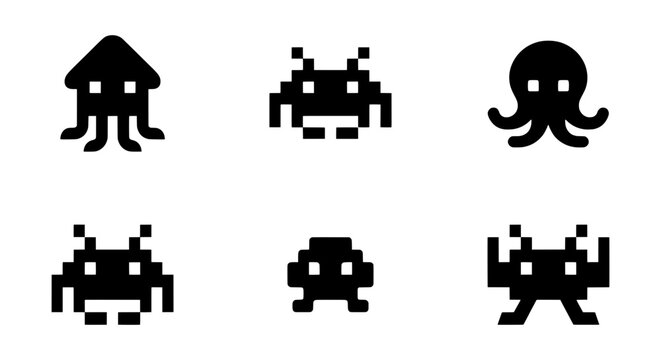 Pixel art invaders vector set, retro video game monsters and aliens, 8-bit arcade graphics