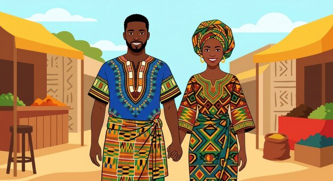 A vibrant illustration of a West African couple in traditional kente cloth and dashiki, celebrating heritage with clean vector lines