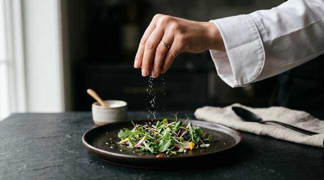 Chef Sprinkling Sesame Seeds on Fresh Salad