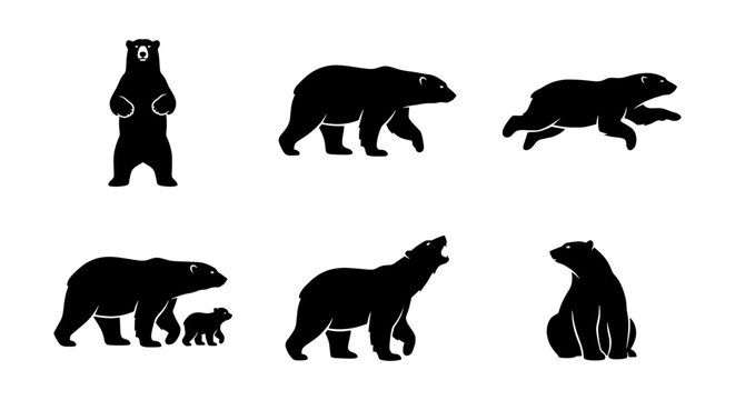 Minimalist bear vector silhouettes set, black wild animal graphics for branding and design