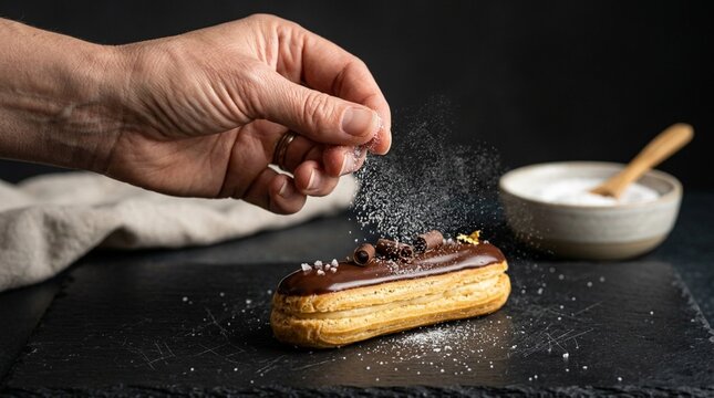 Decorating Chocolate Eclair with Sprinkles, Close-up Hand
