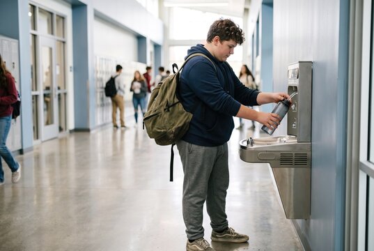 A student stands by a water fountain in a school hallway. He fills a water bottle while other students walk in the background. It is during the
