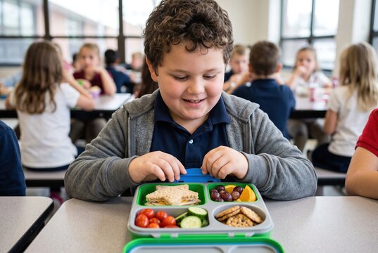 A boy sits at a lunch table in a school cafeteria. He is happy while looking at his healthy lunch. Other students are having lunch in the background