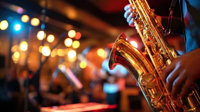 Close-up of a gold saxophone in the hands of a musician on stage in a restaurant. Concept of live music, jazz, and performance