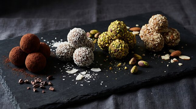 Delicious chocolate truffles with coconut and pistachio nuts on a dark stone board for a gourmet dessert. no bake energy balls