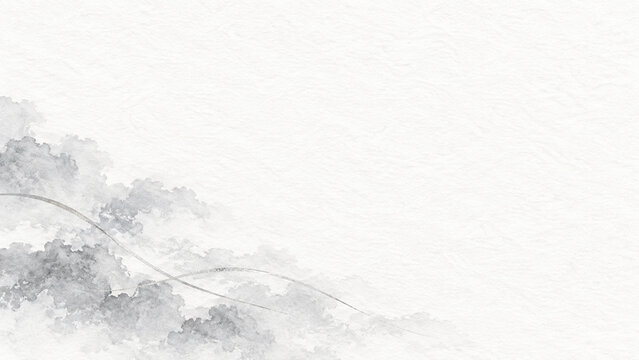Pale gray Sumi clouds at bottom-left crossed by subtle silver lines with broad white copy space