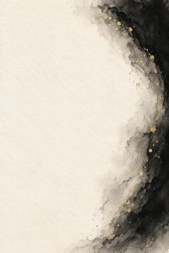 Deep charcoal Sumi vertical crescent at right edge softened with gray watercolor and tiny gold flecks