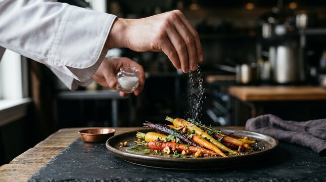 Chef seasoning roasted carrots with herbs and nuts, close-up food preparation