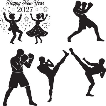 New Year 2027 celebration with dynamic martial arts and dance silhouettes