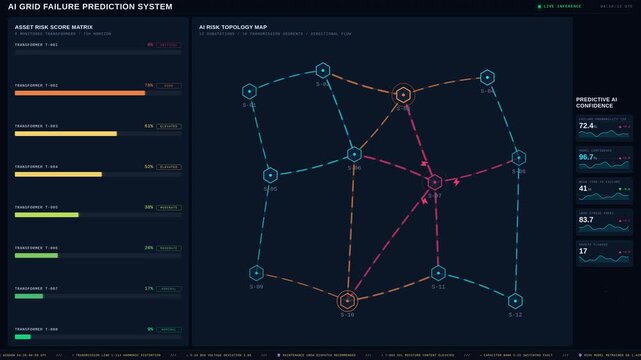 Experience a premium dark-mode animated AI grid failure prediction dashboard featuring asset risk scoring, dynamic metrics, and a stylish topology map in a 4K resolution.
