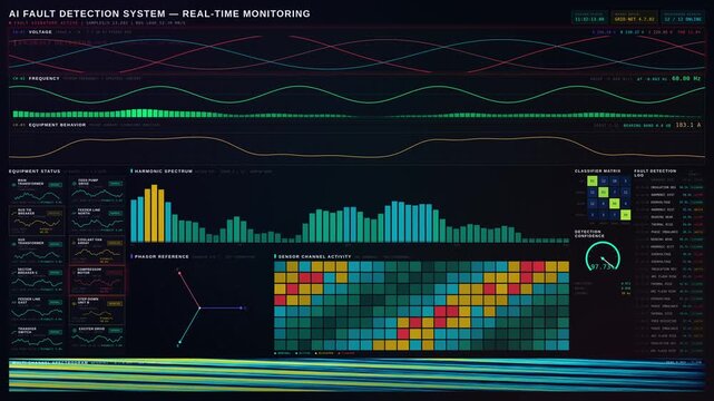 A sophisticated AI fault detection platform showcases real-time monitoring of abnormal voltage, frequency, and equipment behavior in an electrical grid system.