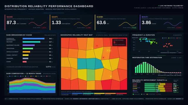 Explore a sophisticated distribution reliability dashboard showcasing metrics like SAIDI, SAIFI, and CAIDI against a dark, premium aesthetic with animated charts and graphs.