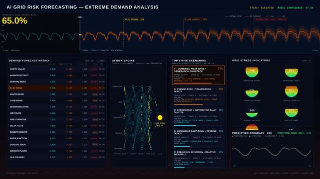 An advanced AI-powered grid risk forecasting dashboard designed for predicting potential failures during extreme demand conditions, featuring dark mode and dynamic data visualizations.