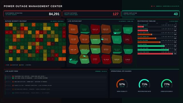 A high-tech power outage management control center displays real-time data on affected customers, restoration progress, and outage severity in a sleek dark-themed interface.