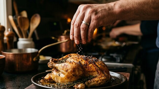 Chef seasoning roasted chicken with herbs and spices in kitchen