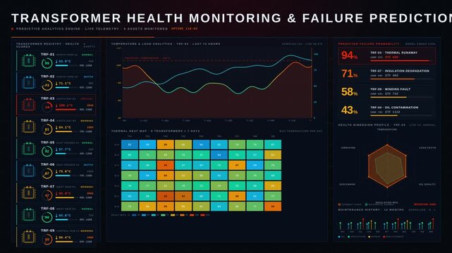 Explore an advanced transformer failure prediction dashboard showcasing temperature, load, and maintenance indicators in a sleek, AI-driven interface with dark mode aesthetics.
