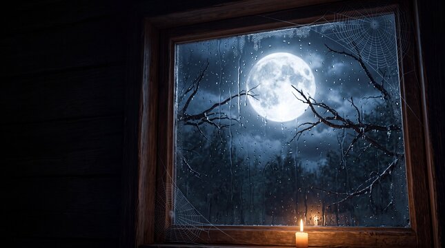 Mystical full moon view through wooden cabin window, spooky night sky over dark forest, burning candle on window sill