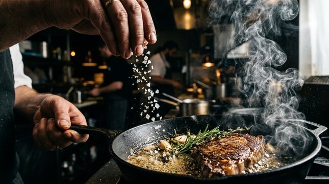 Chef seasoning steak in cast iron pan with steam rising, restaurant kitchen