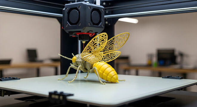 3D printer fabricating an intricate golden bee model, symbolizing innovation in manufacturing technology.