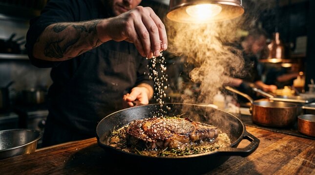 Chef seasoning steak in hot pan with steam rising, close-up professional cooking