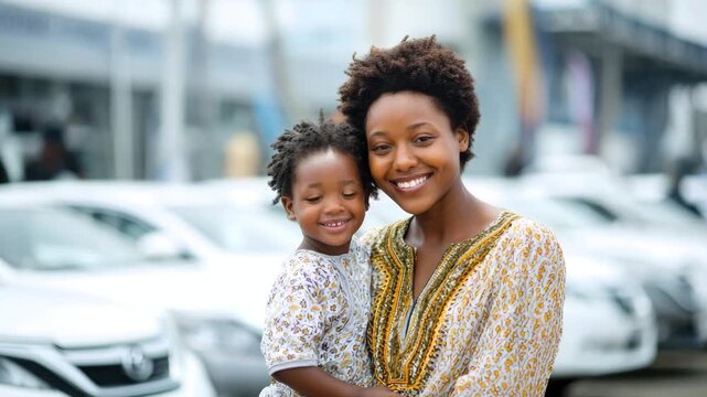 A smiling African American woman holding her daughter, with a car dealership parking lot in the background. Car purchase, rental, and leasing concepts