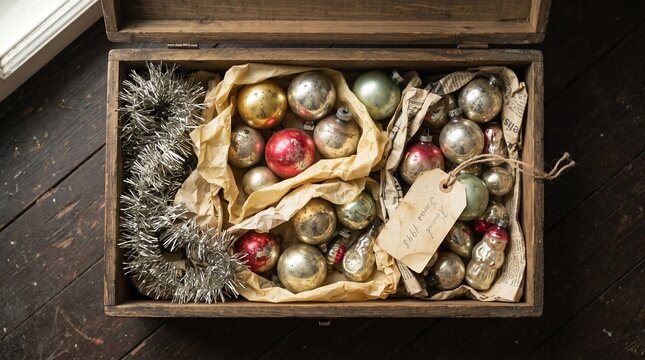 Vintage Christmas ornament storage box with baubles and tinsel top view