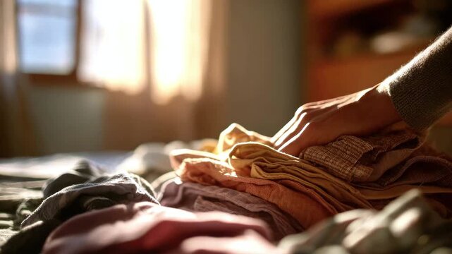A woman's hands sort and fold clothes on the bed in the sunlight streaming through the window. Concept of household chores and cleaning