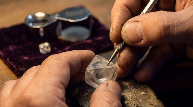 Skilled artisan hand marking a large raw uncut diamond with a scriber tool in a traditional jewelry workshop, cinematic warm lighting, close-up commercial photography ideal for luxury craftsmanship