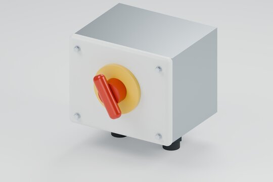 Rotary isolator switch with red handle on a yellow plate in a metal enclosure, 3D illustration