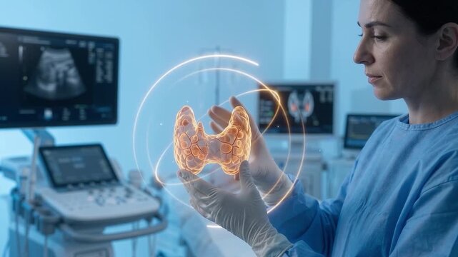 A female doctor examines an interactive thyroid visualization in a modern clinic, illustrating endocrinology, thyroid diagnosis, medical technology, and healthcare innovation.