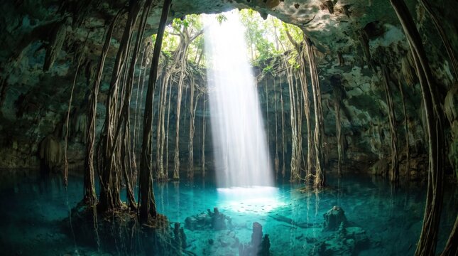 Sunlight streaming into a tropical cenote cave