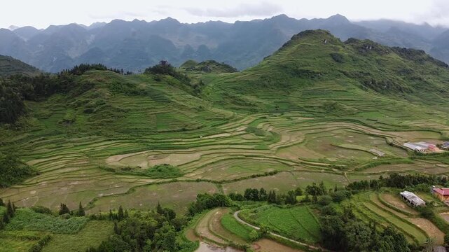 Aerial View of Village and houses at Tam Coc, a popular and spectacular eco tourism destination in the North of Vietnam near Ninh Binh and part of the UNESCO World Heritage site.