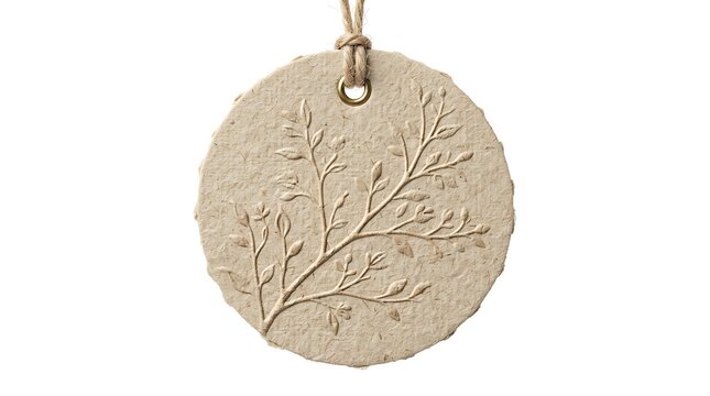 Round beige paper tag with embossed branch and leaf pattern, featuring a metallic eyelet and natural fiber twine string against a plain white background