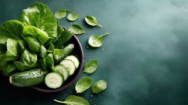 Bowl of fresh spinach and sliced cucumber with scattered leaves on a dark teal surface