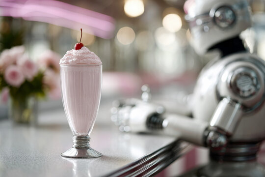 Pink milkshake with whipped cream and cherry on a chrome diner counter next to a retro robot