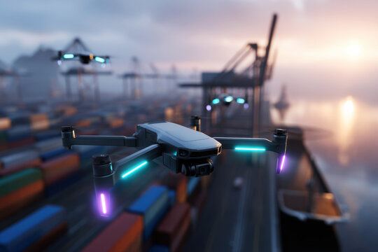 Modern compact drone with teal and purple lights flying over a container ship at dawn