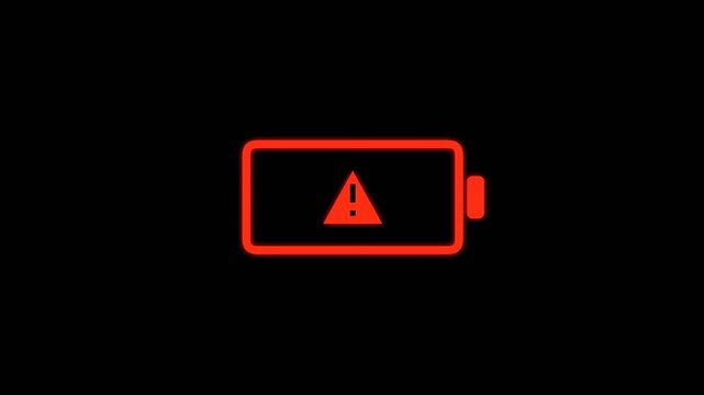 Red low battery warning icon with exclamation mark on black screen background for digital interface design.