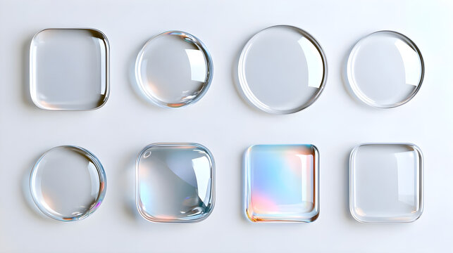 3D liquid glass frames with soft refraction effect, white background round square buttons. Realistic glass frame for phone app design, modern glassmorphism UI elements on white background 
