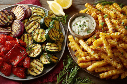 Grilled zucchini and roasted red pepper plate beside seasoned crinkle cut fries with herb dip on wooden table