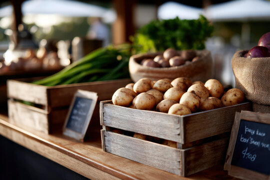 Wooden crate of small new potatoes with green onions and burlap sacks at a sunny farmers market