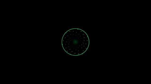 Green circular particle ring animation on black background with white space for text overlay.
