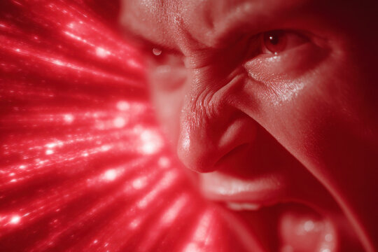 Man squinting in pain with red light streaks radiating from his temple area close-up