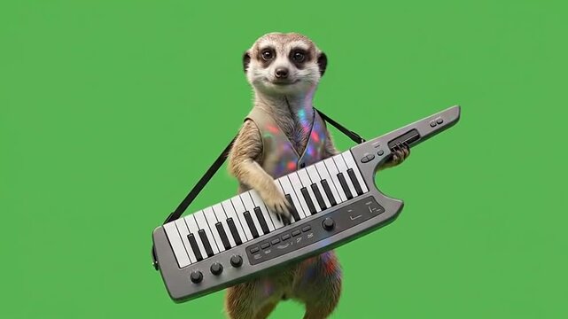Meerkat playing electronic keytar synthesizer on green screen
