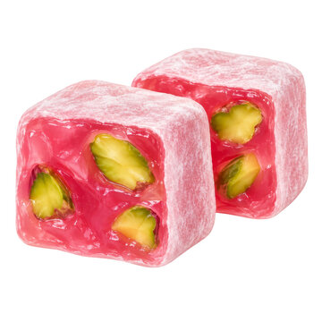 Pink Turkish delight cubes with pistachio filling on transparent background. Rose lokum confectionery. Middle Eastern sweets and dessert. Sweet treat, gift candy, isolated PNG cutout.
