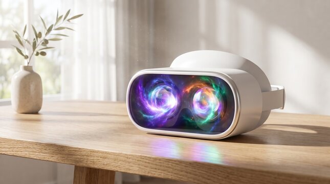 White VR headset with glowing galaxy lenses on a wooden table