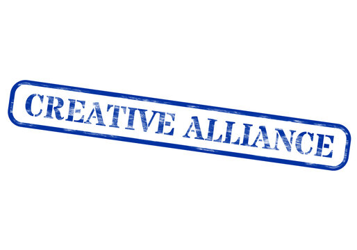 Rectangular blue and white rubber stamp with the text creative alliance isolated on a transparent background