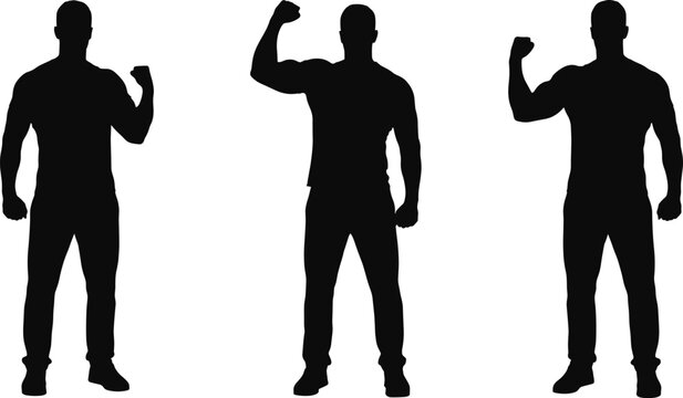 Three black silhouettes of men standing in a row, each flexing their arm muscles and showing a fist in a gesture of strength, victory, or power