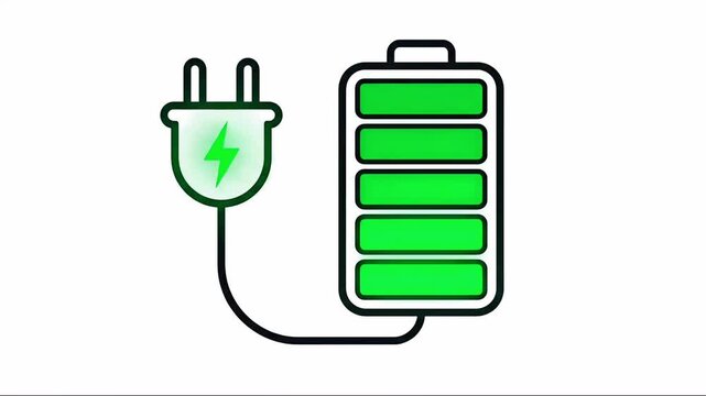 Battery charging icon with electric plug. Full green battery level animation concept for renewable green energy, power, and EV technology.