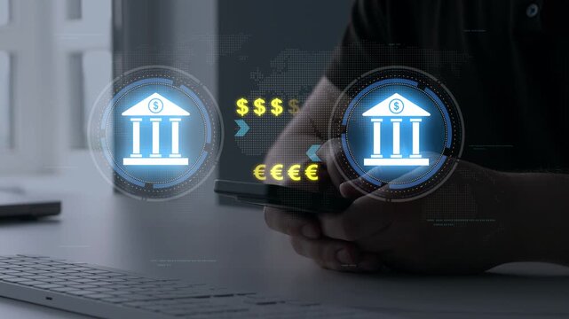 Digital banking and money transaction concept showing electronic funds transfer, online payment, financial technology, secure banking services and cashless commerce.