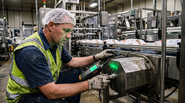 Maintenance technician measures vibration on food packaging conveyor motor